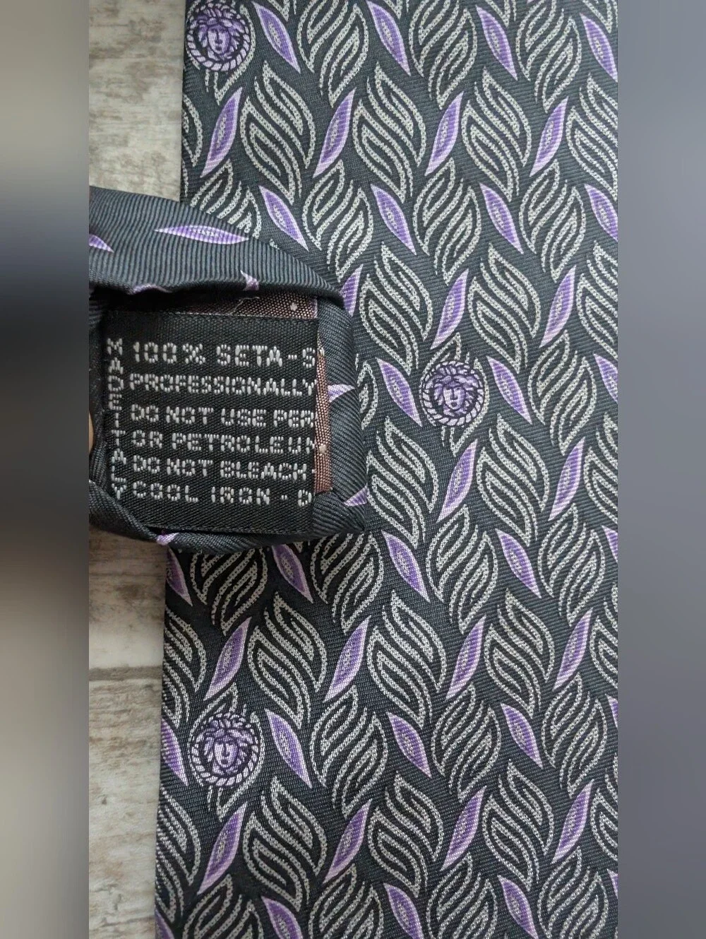 Versace Black & Purple Leaf Motif Silk Tie